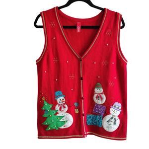 Womens Medium Red Christmas Tree Sleeveless Button Sweater Vest Snowman Pearl